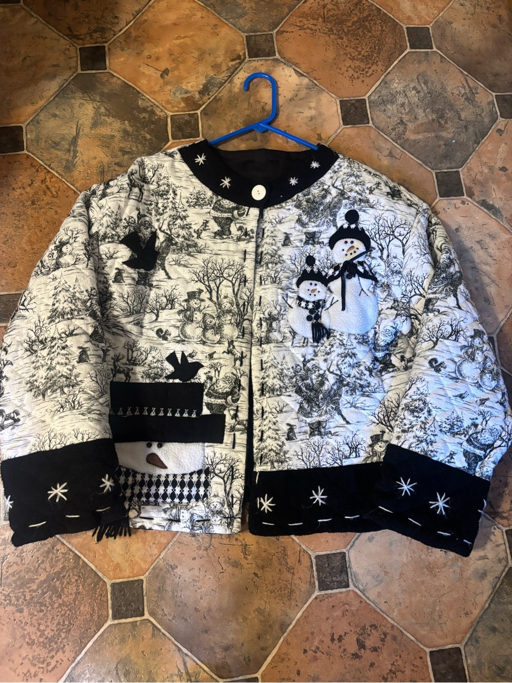 Vintage Quilted Snowman Christmas Jacket Black White Applique Winter Coat L - Picture 9 of 12